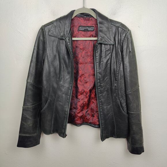 Vintage Guess Leather Jacket‎ Womens Small Black Full Zip Moto Collared 90s Y2K - Picture 1 of 11